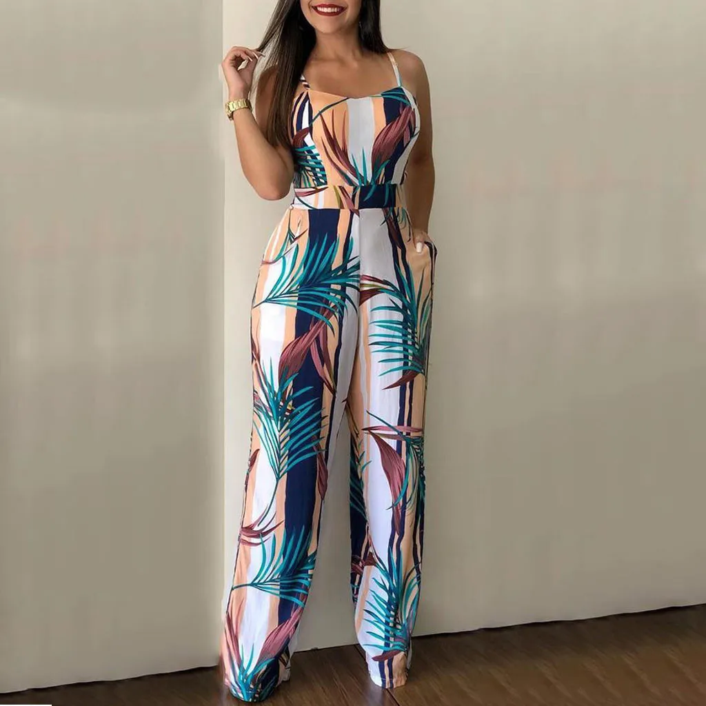 

Feitong Women Sleeveless Leaf Print Casual Clubwear Wide Leg Pants Bodysuit Women Playsuit Rompers Womens Jumpsuit Long Trousers