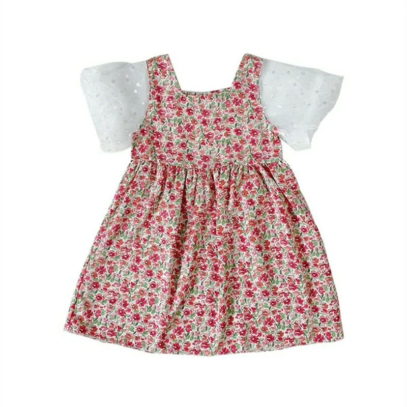 

Girls Summer Princess Dresses Korean Fashion Kids Floral Costumes Short Sleeve Cotton Children Casual Clothing 2-6T
