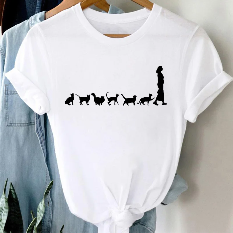 

2021 New Fashion 90S Women Graphic Printing Fashion Cat Short Sleeve Cartoon Summer Female Clothes Tops Tees Tshirt T-Shirt