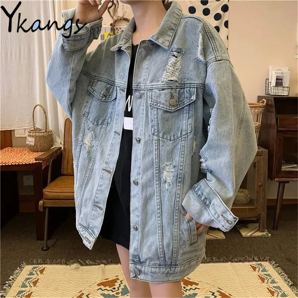 

Ripped Hole Blue Streetwear Denim Coat Spring Autumn Harajuku Stitching Women Jean Jacket Gothic Korean Casual Loose Outwear Top
