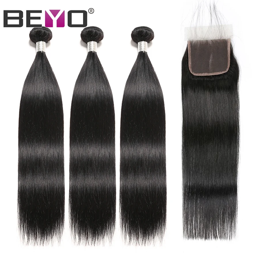 Beyo прямые волосы пучки с бразильские закрытием плетение 3 пучка 100% человеческие