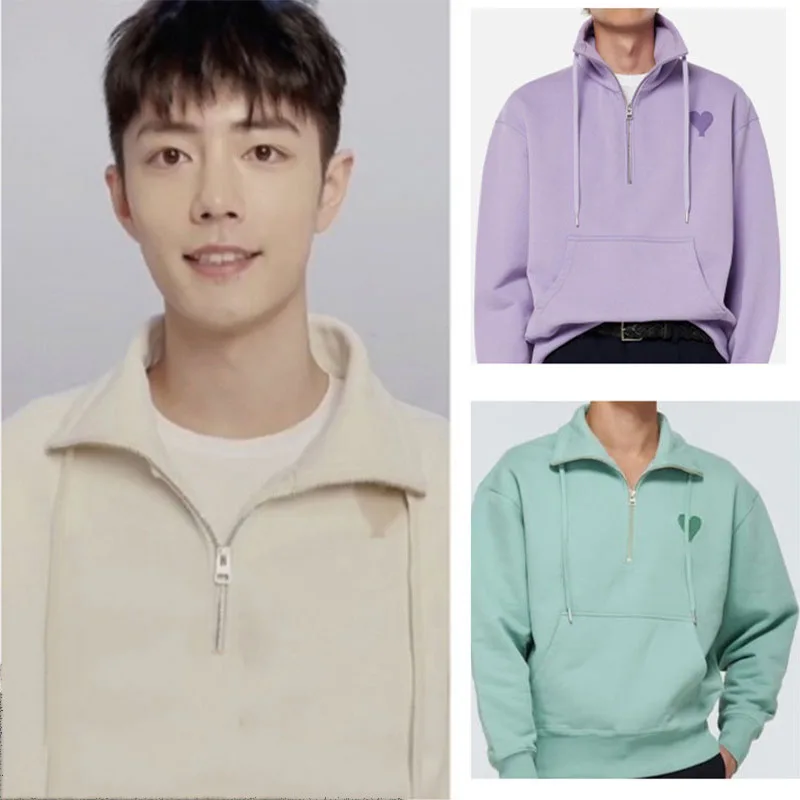 

Свитер с вышивкой Love, новинка осень-зима, мужской и женский свитер, свободный свитер большого размера с полумолнией AMI, брендовая одежда