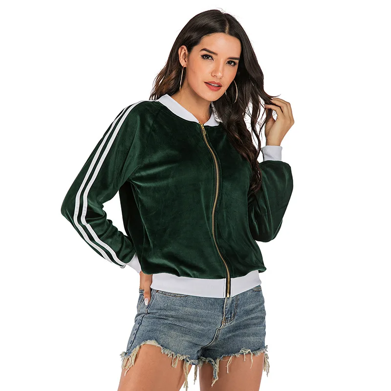 

Fashion Autumn Women Baseball Jacket Elastic Collar Cuffs Green Uniform Suede Zipper Long Sleeve Line Coat Streetwear