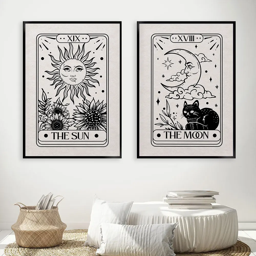 

The Sun Moon Tarot Astrology Poster Boho Art Print Neutral Canvas Painting Modern Celestial Wall Picture For Bedroom Home Decor