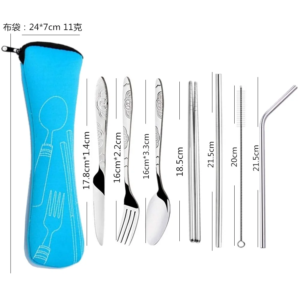 

3pcs/7pcs Set Dinnerware Portable Printed Stainless Steel Spoon Fork Steak Knife Set Travel Cutlery Tableware with Bag Dish Set