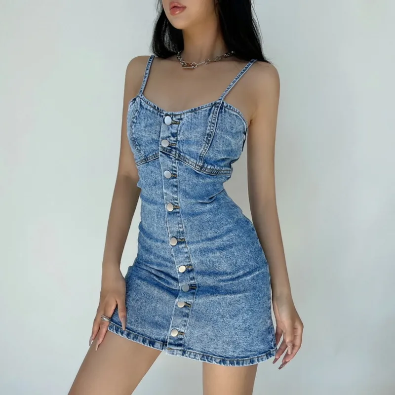 

WOMENGAGA Hot Girl Sexy High Waist Slim Skinny Hip Denim Vest Tank Mini Dress Blue Korean Women Tops Fashion Girl Female A75S