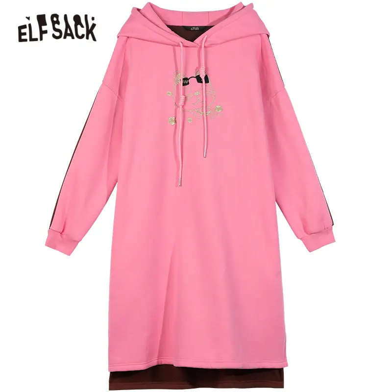 

ELFSACK Japanese Cat High Waist Casual Hoodies Dress Women,2020 Winter Vintage Colorblock Korean Female,Daily Velvet Dresses