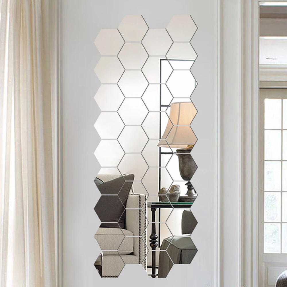 

12Pcs 3D Mirror Wall Sticker Home Decor Hexagon Decorations DIY Removable Living-Room Decal Art Ornaments For Home Drop ship