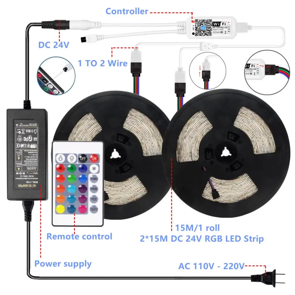 15M WiFi LED Strip Light RGB Tape Diode Neon Ribbon tira fita SMD 5050 30M Flexible Light String With WiFI Controller adapter