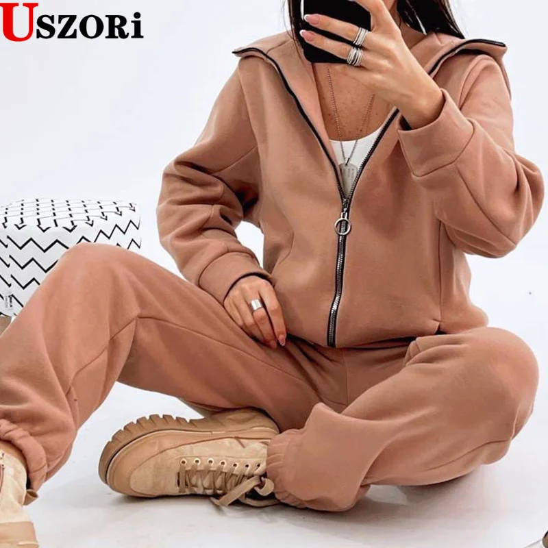 

Повседневный Женский комплект из двух предметов, куртка на молнии с капюшоном и брюки-карандаш, теплые костюмы, Осень-зима, модная уличная о...