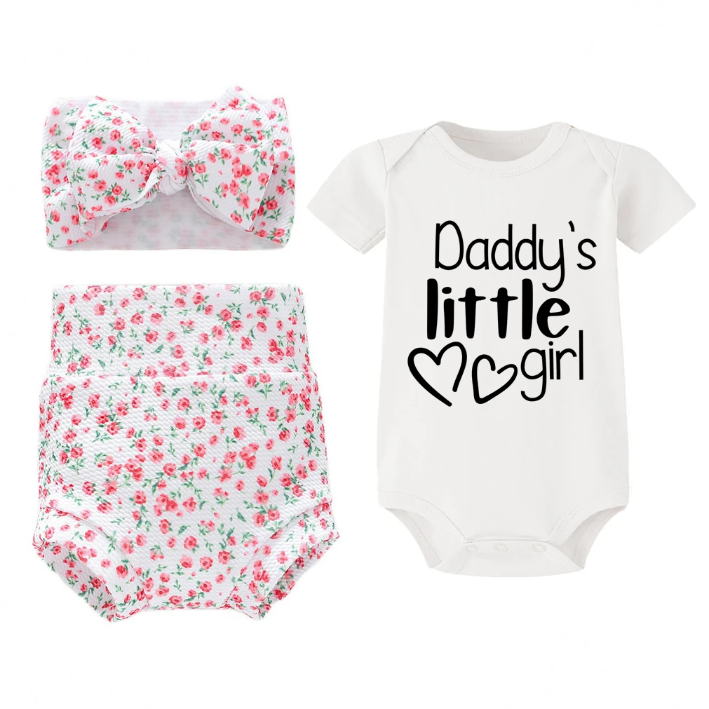 Conjunto de ropa para ni&ntilde;a reci&eacute;n nacida, Pelele de manga corta, Tops, pantalones cortos con lazo, diadema, 3 uds.-2