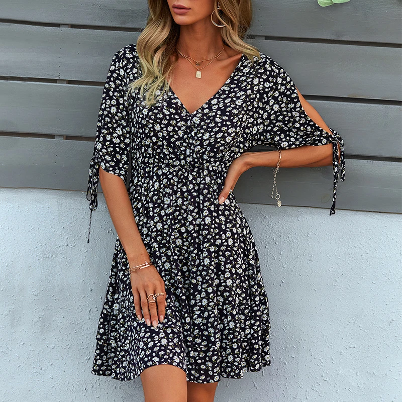 Ardm – robe Mini à volants, imprimé Floral, mode, col en V, manches courtes, ajouré, doux, Vintage, fête, 2021