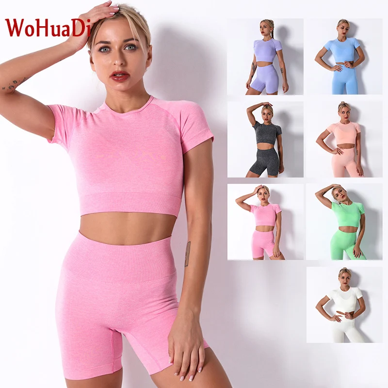 

WOHUADI Seamless Yoga Crop Top Shorts Set Women Clothes Sport T-Shirt+Leggings Push Up Fitness Workout Gym Suit Tight Size Small