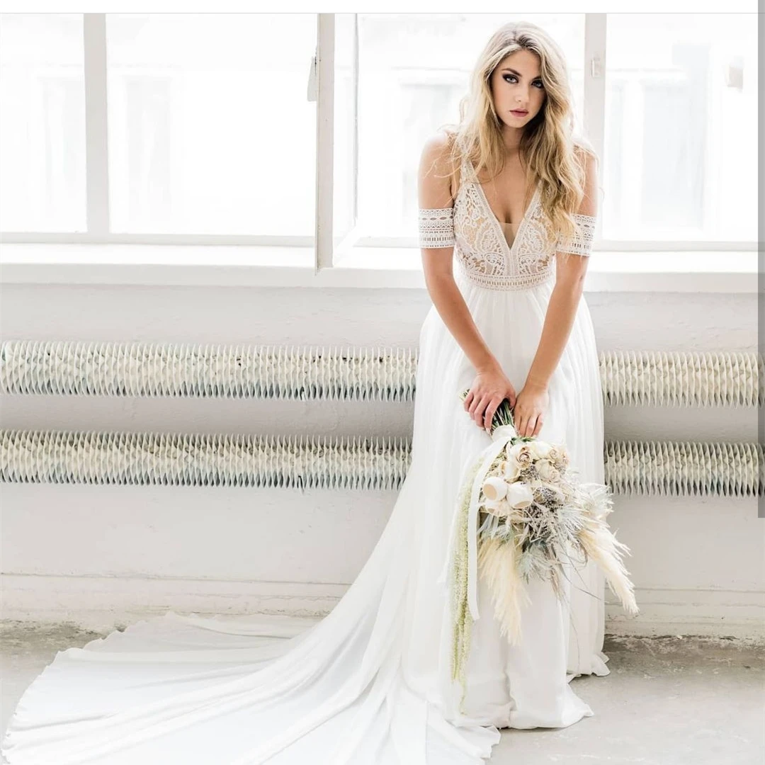 

Wedding Dress Boho Lace A-Line Short lace Sweep Train Chiffon V-Neck Bridal Gowns Robe De Mariee Bohemian Beach Simple Customsiz