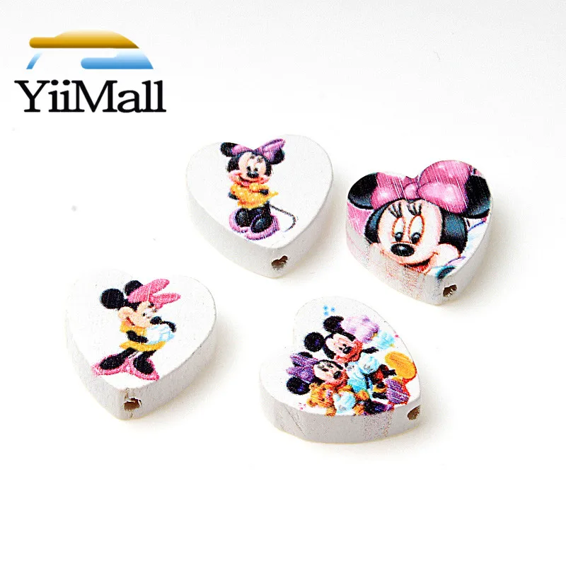 

30 шт., деревянные бусины в форме сердца Минни