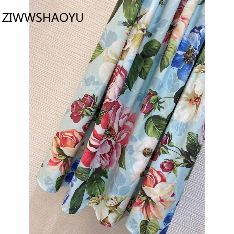 

ZIWWSHAOYU Summer Multicolor Floral Print Off Shoulder Dresses Designer Women Short Sleeve Elastic Waist Vintage Midi Dress