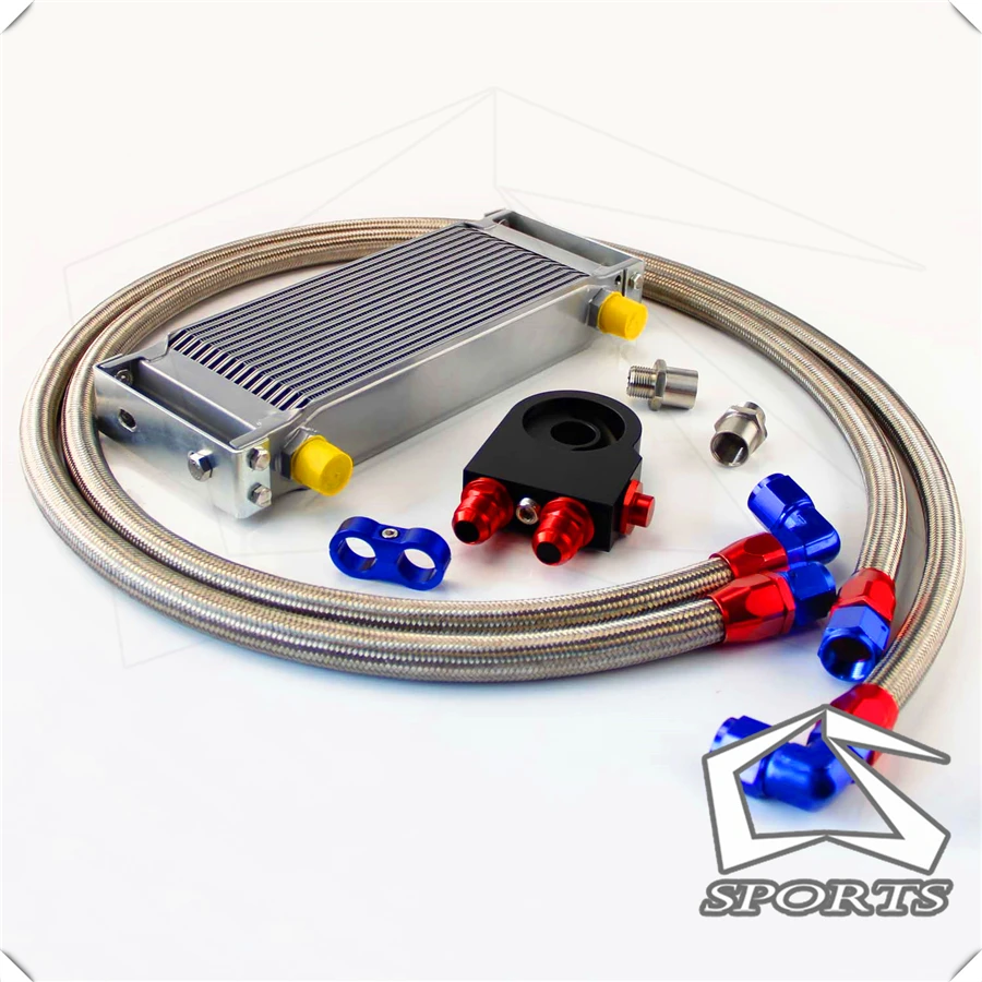 

AN10 16 Row Engine Oil Cooler Kit Thermostat Sandwich Plate Silver+ Oil Lines Kit
