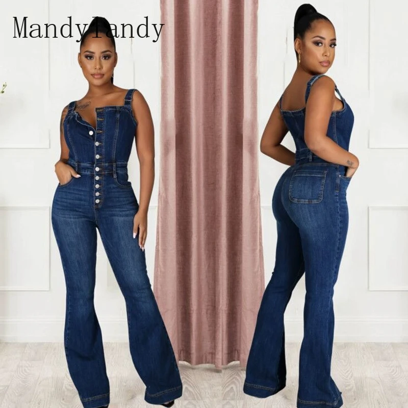 

Повседневные пикантные джинсовые комбинезоны Mandylandy, женский джинсовый комбинезон на подтяжках, брюки с широкими штанинами, комбинезоны бе...