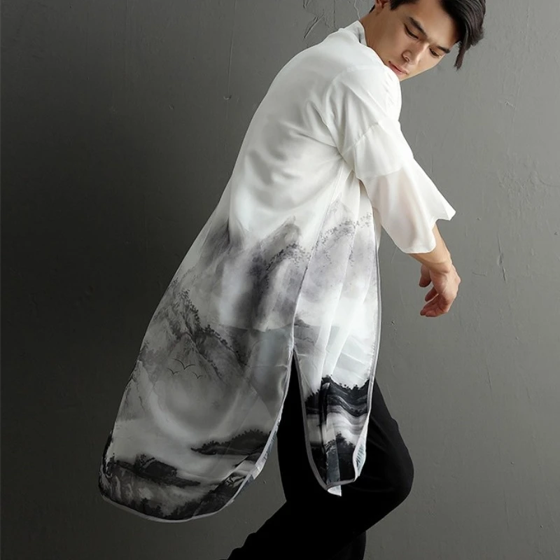 

2021 New Summer Men Chiffon Shirts Chinese Style Irregular Long Tops Casual Loose Male Printing Half Sleeve Stand Collar Shirt