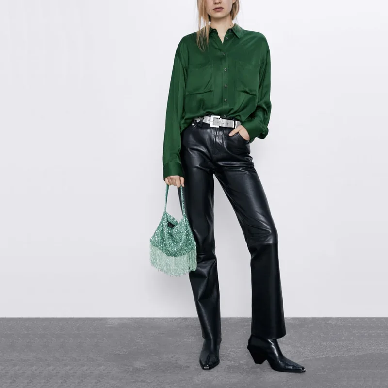 Весенняя и Осенняя женская рубашка Повседневная Однотонная с карманом длинными