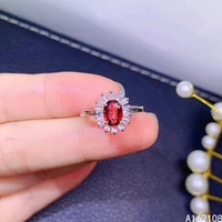 fine jewelry 925 sterling silver inset with natural gems womens popular trendy flower red garnet adjustable ring support detect