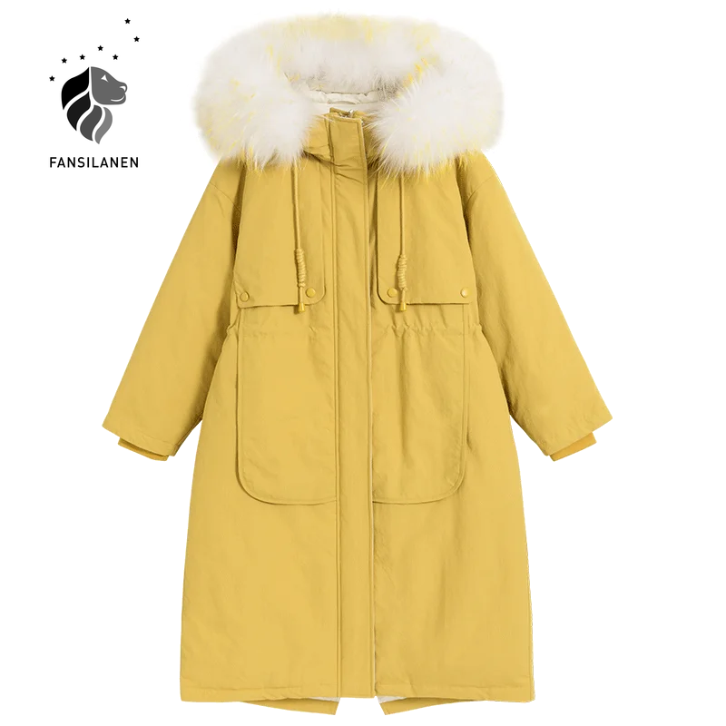 

FANSILANEN Casual Fur Collar Yellow Long Down Coat Women Autumn Winter Hooded Oversized Puffer Jacket Wram Light Down Parka 2020