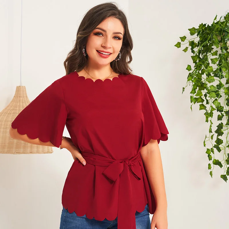 

2022 New Summer Women's Top T-Shirts Wine Red Sweet Petal Collar Bow Tie Sashes Flared Sleeves High Waist Elegant Clothes