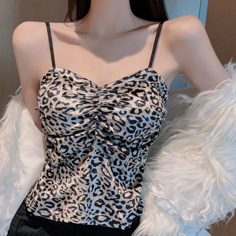 

LJSXLS 2022 Short Camisole Women Tank Tops Leopard Camis Woman Clothes Vest Strap Crop Top Plaid Fashion Folds Sleeveless Tanks