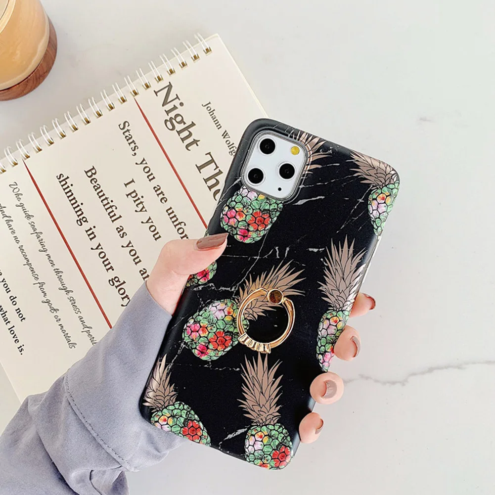 Gold Foil Silicone Holder Case for iPhone 7 8 Plus X XR 11 Pro Max Pineapple Texture TPU Cover 360 Finger Ring Shell Capa |
