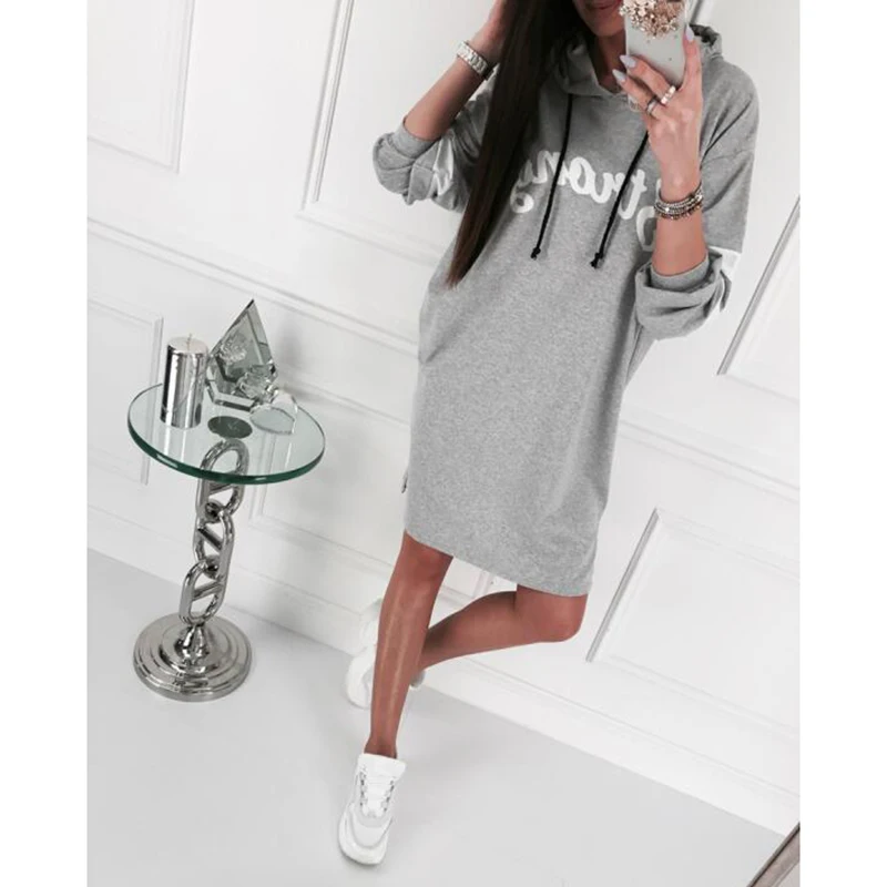 Новое Повседневное платье с капюшоном Vestidos длинный свитер буквенным принтом