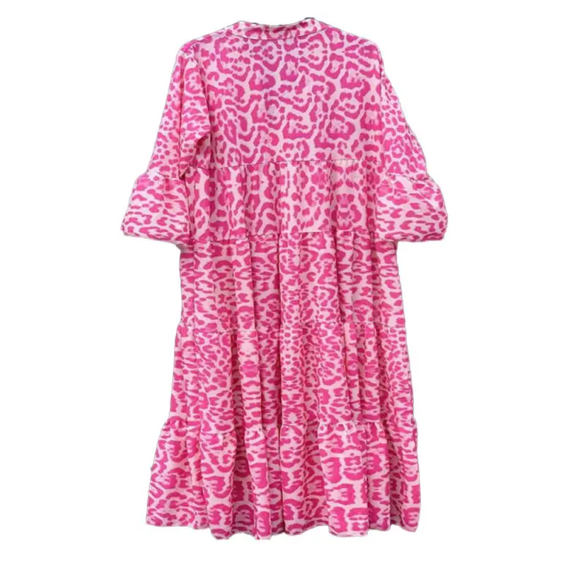 

Women Dress Summer 2021 Long Sleeve V Neck Leopard Print Loose Dress Summer Ruffled Sundress Maxi Dress Party Women Clothing