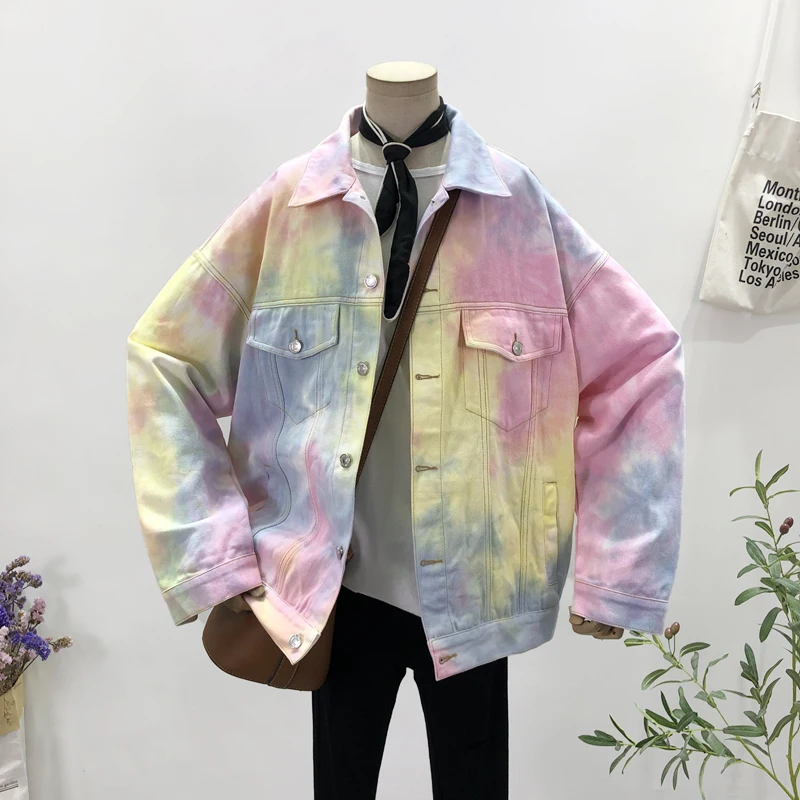 

Harajuku Gradient Denim Jacket For Women Spring Autumn Contrast Color Dyed Painted Loose Outerwear Fashion Jeans Coat Tide G1013