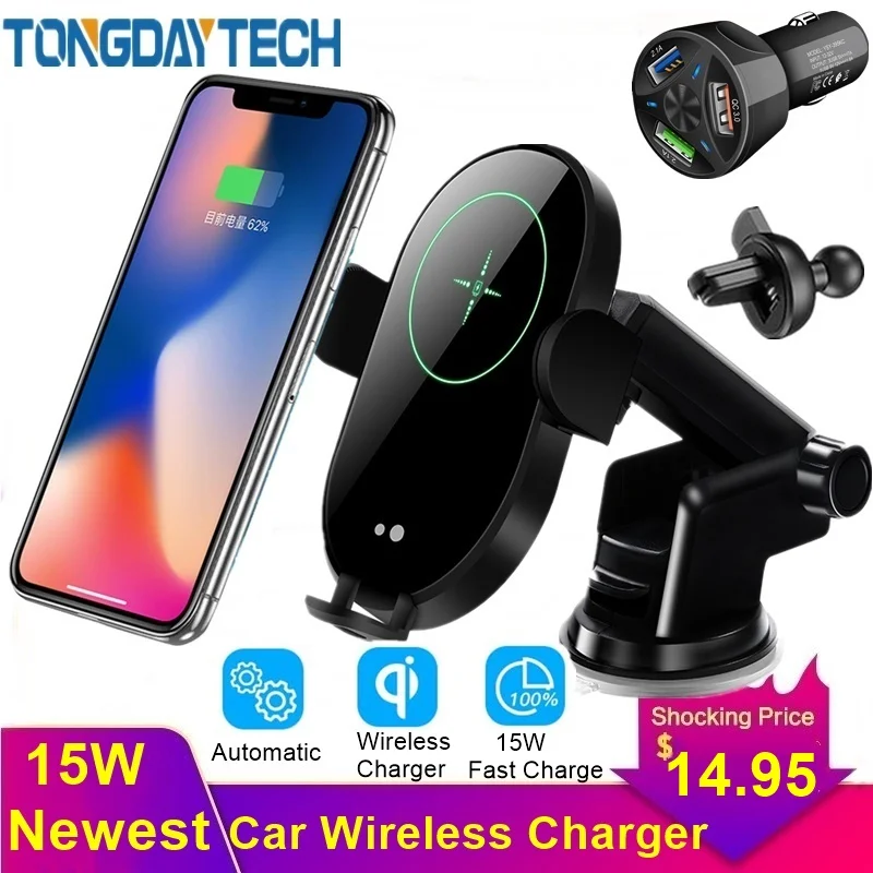 Tongdaytech 15 Вт Qi Беспроводное Автомобильное зарядное устройство для Iphone 8 XR XS 11 Pro MAX автомобильное быстрое зарядное устройство для samsung S10 S9 S8 Plus Xiaomi