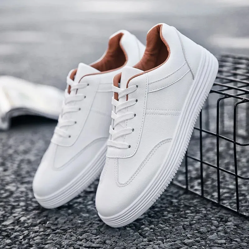 

Concise Solid White Leather Sneakers Boys Spring Summer Casual Sport Shoes For Men Trendy Skateboard Shoes Platform Sneakers New