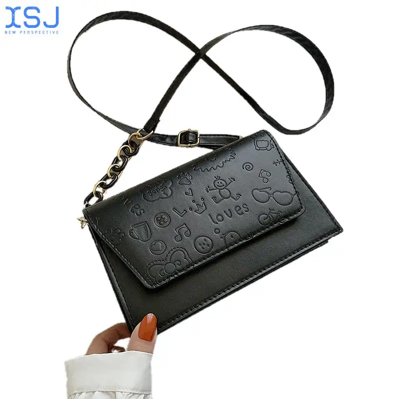 

Сумка-седло из искусственной кожи в японском и корейском стиле, однотонная сумка-мессенджер с рельефной цепочкой и магнитной пряжкой