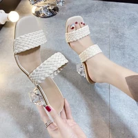 slippers women 2021 new fish mouth woven one word sandals and slippers womens fashion crystal high heel womens shoes