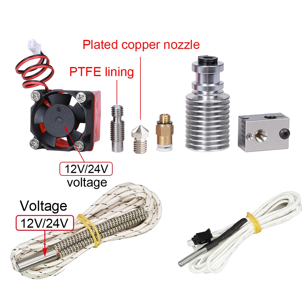High Temperature V6 J-head Hotend Plated Copper Hardened Steel Nozzle Heat Block Heatsink Extruder Fan 12V 24V 50W for PETG PEEK |