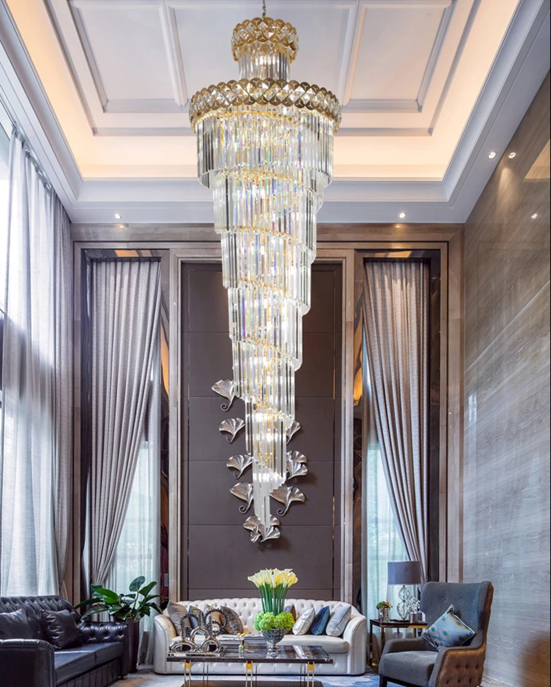 

Modern Crystal Chandelier For Staircase Long Villa Chain Lighting Fixture Large Home Decor Gold Stainless Steel Crystal Lamp