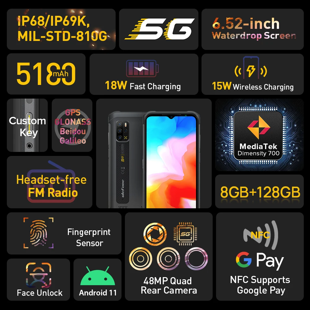 Ulefone Armor 12 5G Защищенный смартфон Прочный телефон 128ГБ ROM Android 11 Водонепроницаемый