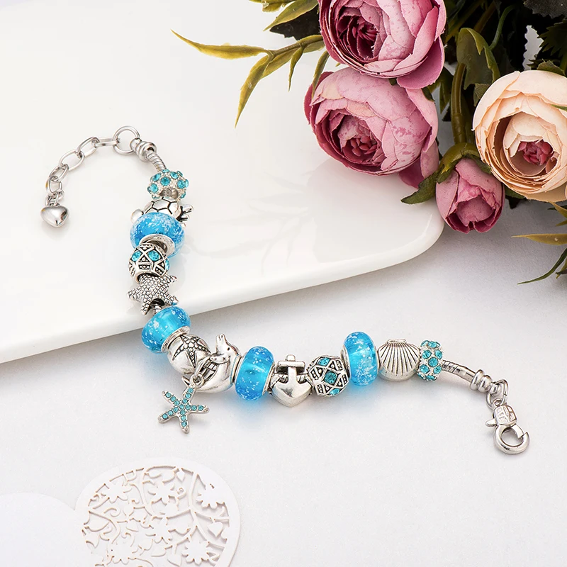 Poshfeel Summer Jewelry Starfish/Turtle Charm Bracelets For Women Blue Murano Glass Beads &amp Bangles Mbr170276 | Украшения и