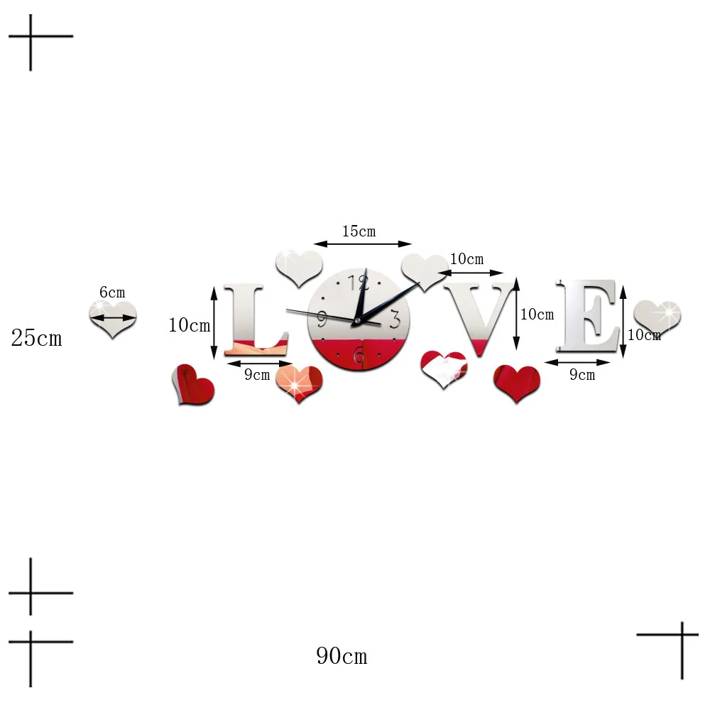 

Love love crystal mirror wall clock DIY acrylic mirror creative wall clock clocks wall home decor wall stickers