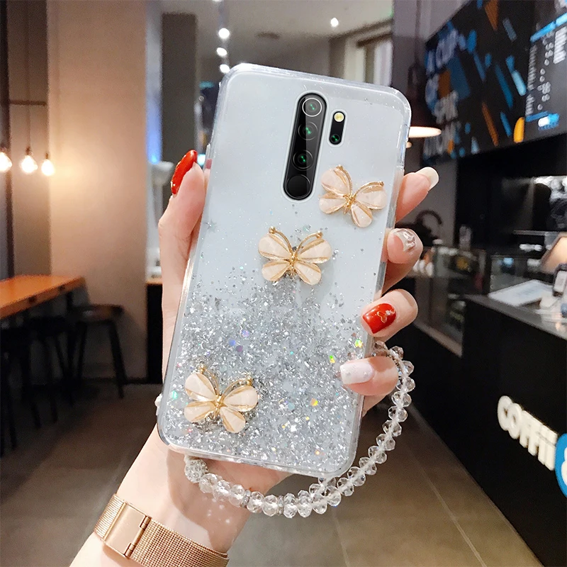 Luxury Cute Bling Glitter Lanyard Silicone Phone Case For Xiaomi Redmi Note 10 9 8 Mi 12 11 T Lite Pro 5G Ultra-thin Rope Cover