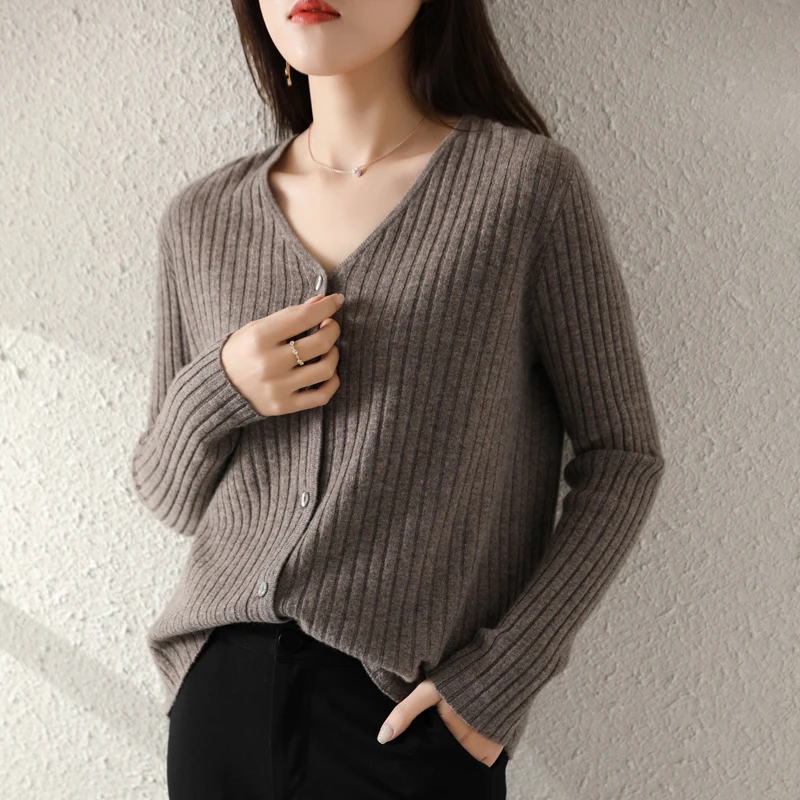

Women High Elasticity V-Neck Cardigan Sweater 2021 Spring Autumn Warm Soft knitted Femme Cashmere 8 Colors