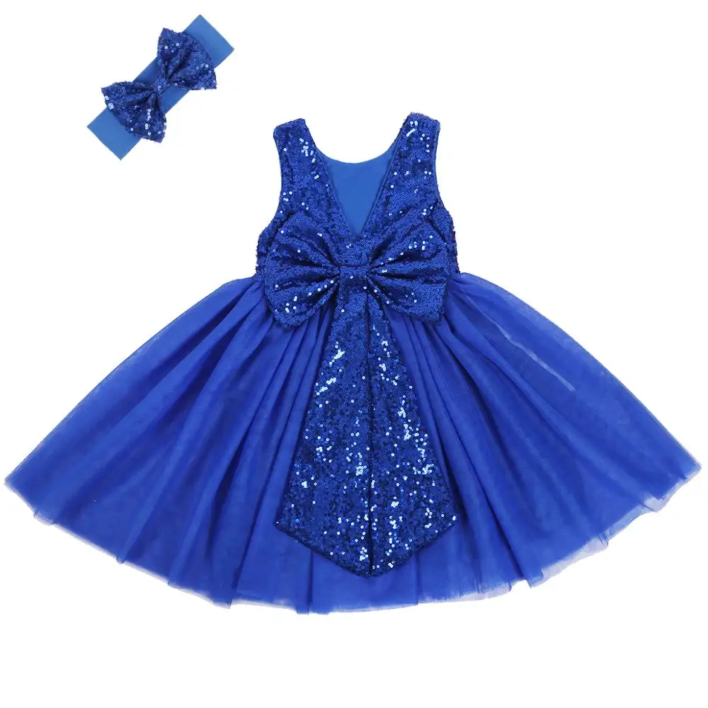 Royal Blue 02 Модное платье с блестками для девочек платье принцессы с бантом детское платье с v-образным вырезом синее платье-пачка для свадебной вечеринки для малышей - Цвет: Royal Blue 02