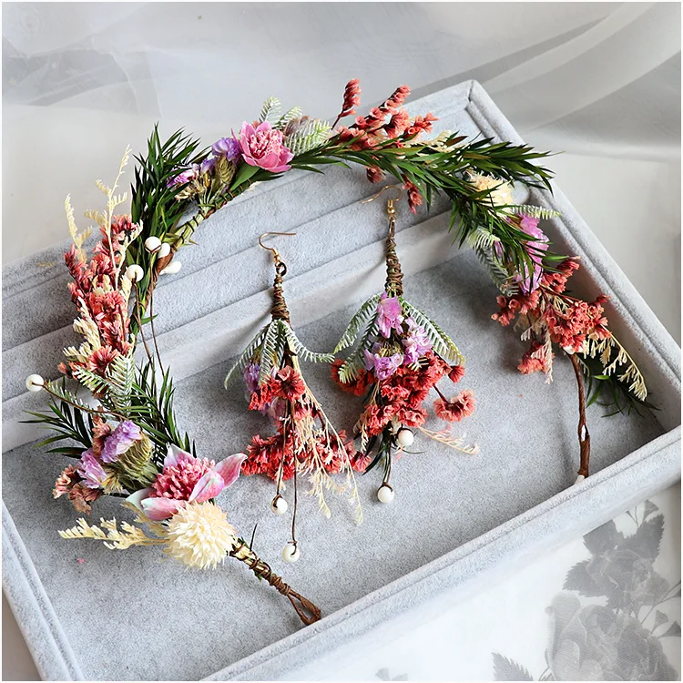 Bride's headdress Korean pink flowers fresh flower garlands super fairy hair decoration wedding ceremony jewelry | Украшения и
