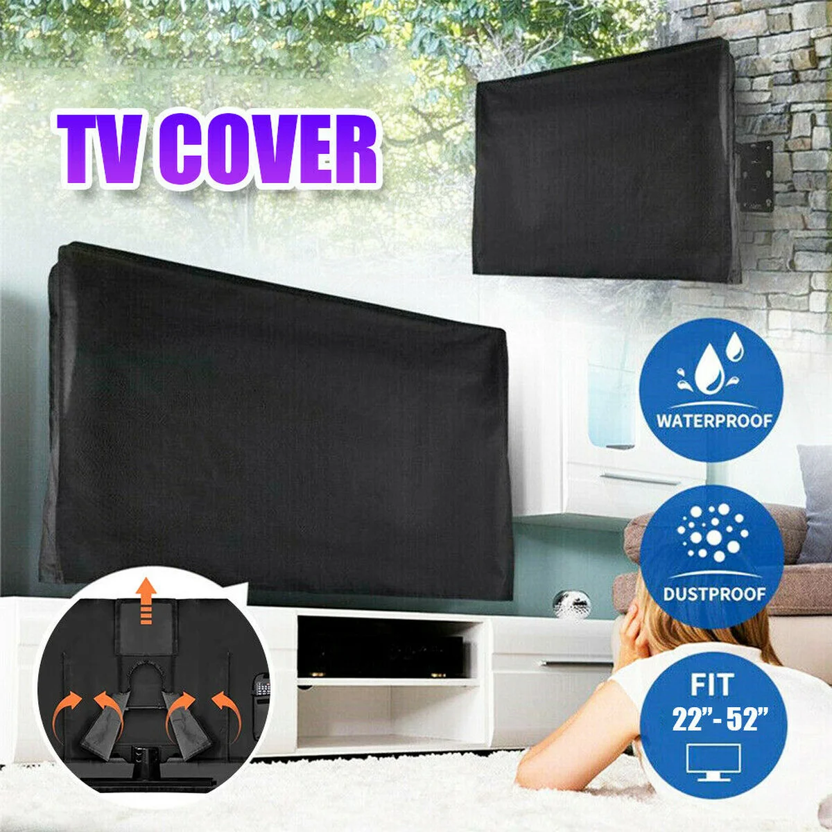 

Outdoor Black Waterproof Dustproof TV Cover Television Protector for 22''to 52''LCD LED Case 600D Polyester Dust Covers