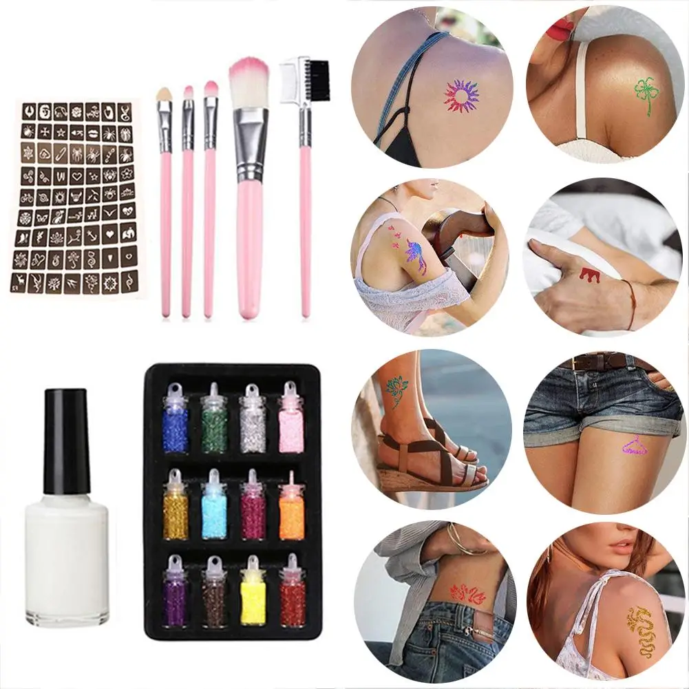 Новая вспышка временная татуировка набор с 12 блестящей пудрой полые 1 шаблон