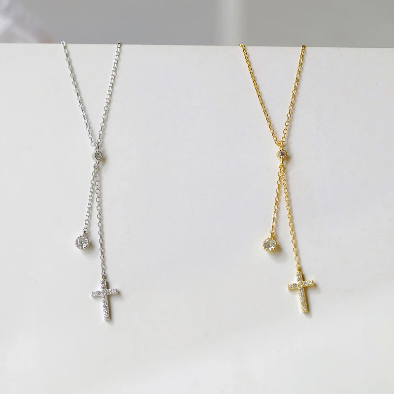 

WTLTC Delicate Dangling Small Cross Y Layering Chokers Necklaces 925 Sterling Sliver CZ Stone Choker Minimal Chain Link Necklace