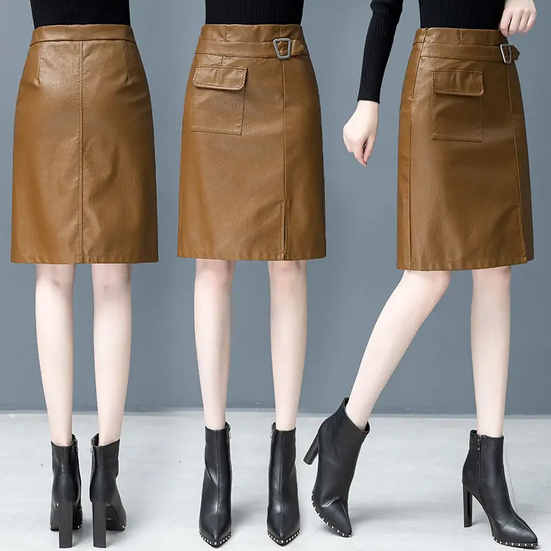 

2023 New Women Spring with Belt Real Sheep Leather High Waist Slim Was Thin A-line Skirt Y296