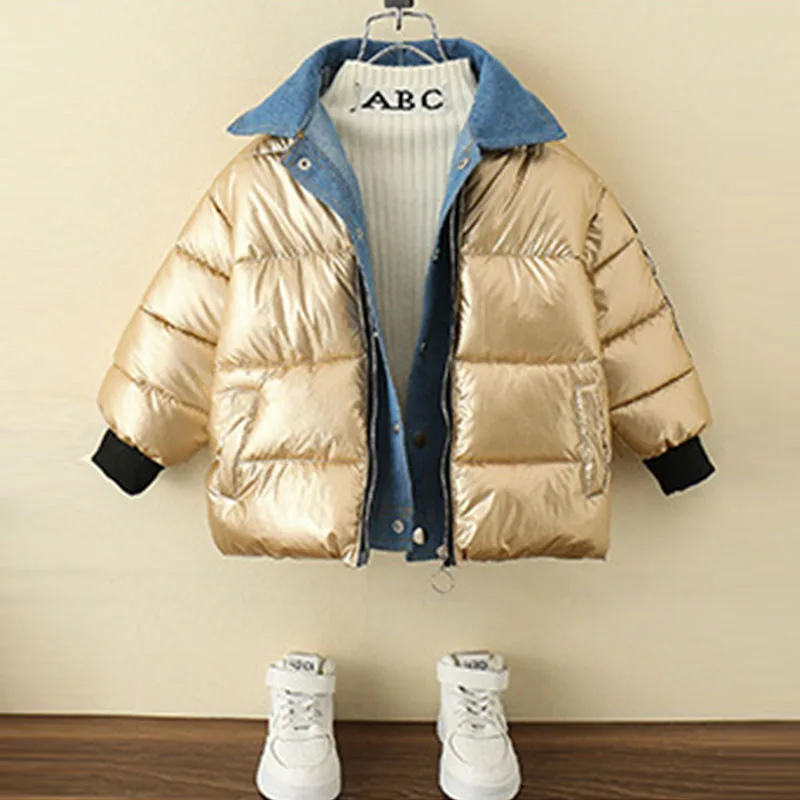 

Bear Leader Boys Coat Down Padded Jacket New Foreign Style Children's Denim Fake Two-piece Cotton Jacket Casual Lapel Outerwear